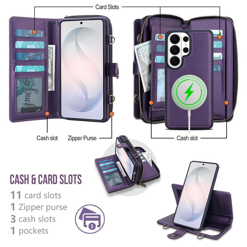 for Samsung Galaxy S26 Ultra Detachable Wallet MagSafe Case, Purple | PU Leather,RFID Blocking,Zipper Purse,11 Card Slots,Crossbody Strap,Kickstand,Shockproof,Flip Cover,Magnetic 3in1 Phone Case