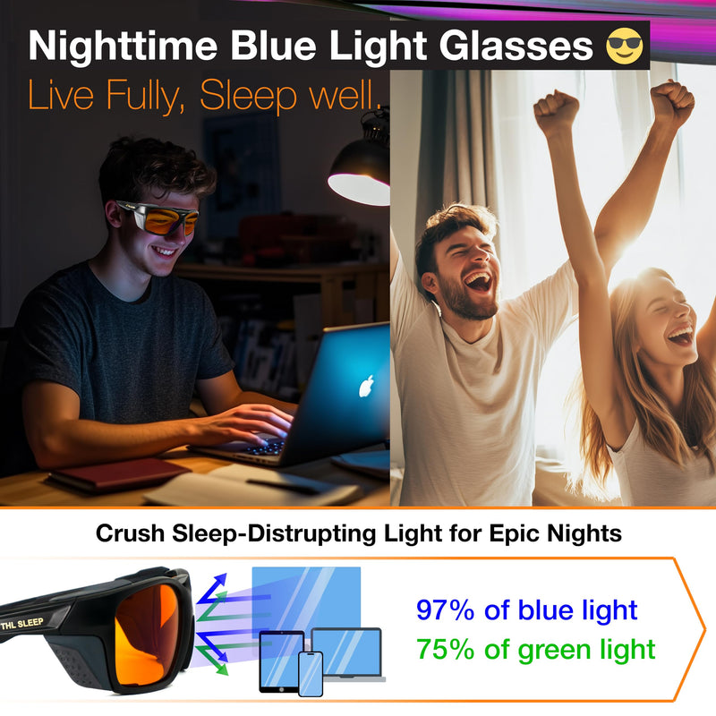 Orange Blue Light Blocking Glasses for Better Sleep - Amber Wrap Around Computer Migraine Glasses - EliteX Ultra Nighttime Migraine Gaming Glasses Men & Women - Screen Eye Strain Blue Light Blockers