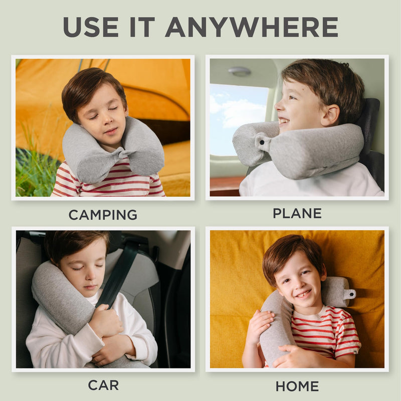  [AUSTRALIA] - Dot&Dot Twist Memory Foam Kids Travel Pillow for Airplanes - Neck Pillows for Travel, Sleeping - Airplane Pillow for Neck Support, Chin, Lumbar, Leg - Adjustable Neck Pillow for Car Seat Mini Gray Kids/Petite (23")