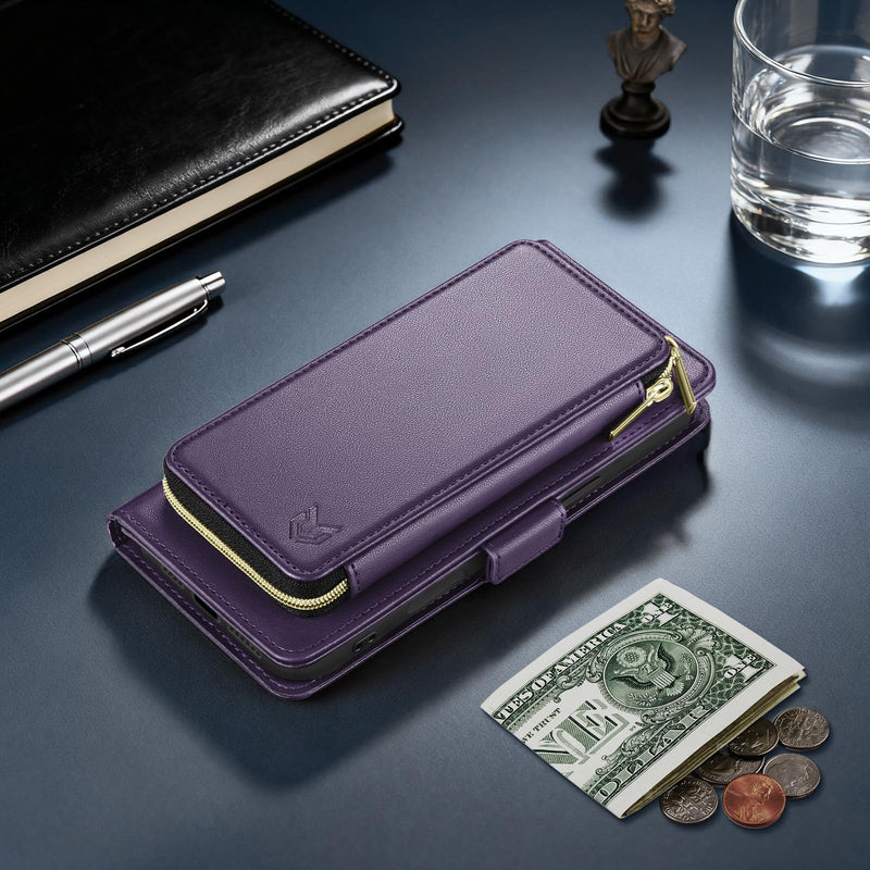 DJBEAR for iPhone 16 6.1" Wallet Case for Men & Women, All-in-One Flip Folio Cover with 9 Card Slots, Zipper Pocket, Detachable Wrist Strap, Full Body Protection for Apple 16 Dark Purple
