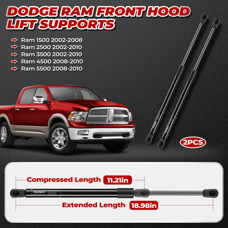 Vepagoo 2 Front Hood Gas Lift Supports Struts 4364 Compatible for 2002-2010 Dodge Ram 1500/2500/3500/4500/5500 Spring Shocks Black Classic