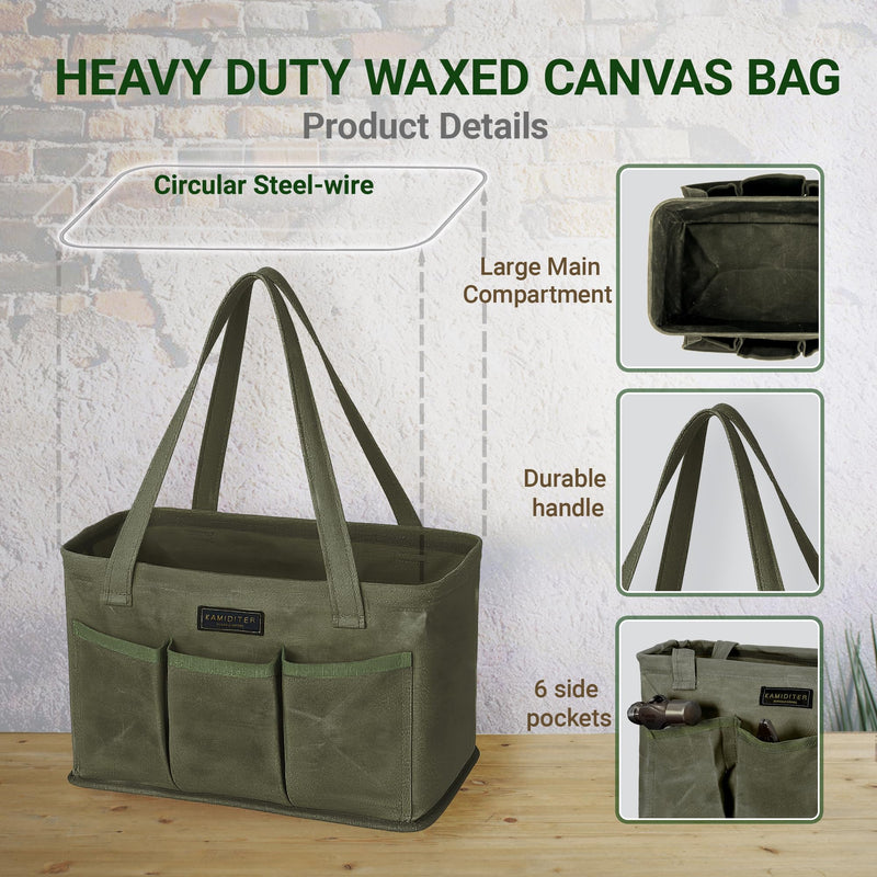 Tool Bag with Metal Frame, Waxed Canvas Wide Open Top Tool Tote Bag with 7 External Pockets, 13.5 x 7.8 x 7.8 Inches (ArmyGreen) ArmyGreen 13.5 Inch