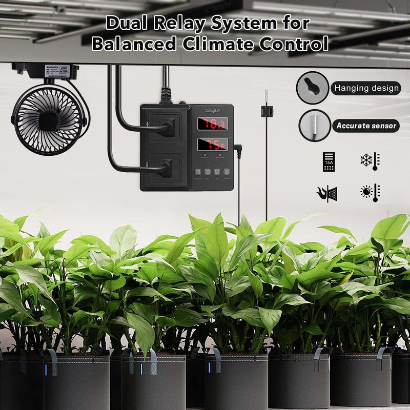 bayite Temperature Controller 1650W 15A BTC211 Dual Digital Outlet Thermostat Plug, Pre-Wired, 2 Stage Heating and Cooling Mode, 110V - 240V, Fermentation BBQ Reptile Aquarium