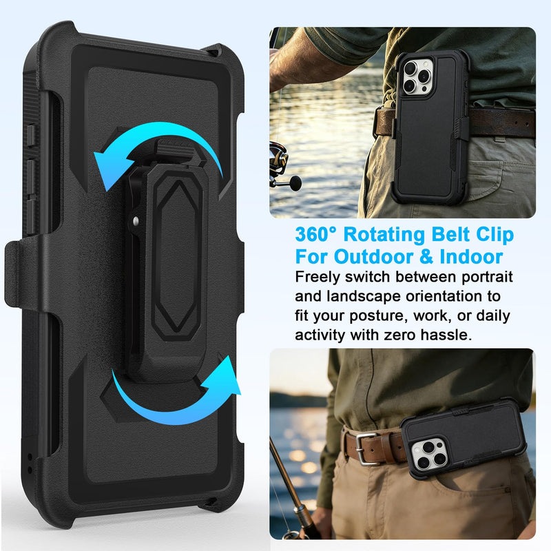 2 in 1 Case for iPhone 16 Pro Max with Belt Clip Defender, Heavy Duty Shockproof Holster with 360 Rotating Kickstand, (6.9" Black)