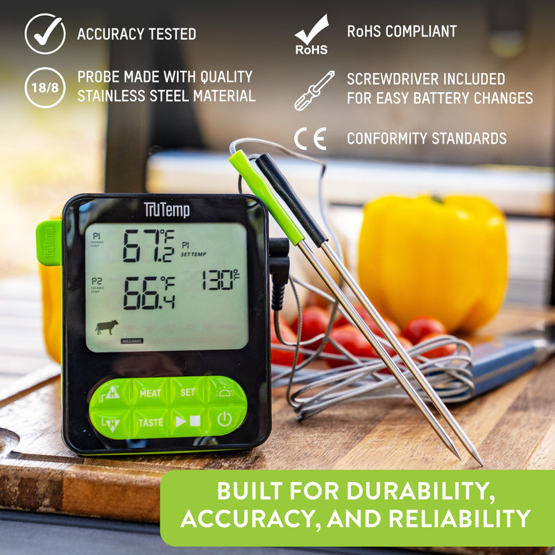 Taylor TruTemp Dual Probe Wired Programmable Meat and Food Thermometer, Digital for Cooking, Monitor Two Dishes with Two Probes for Baking, Grilling, and Roasting, User-Friendly, Backlit, Green