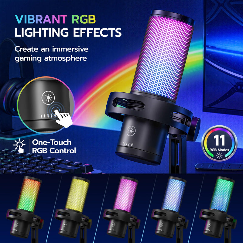 ARES WING USB Gaming Condenser Microphone with RGB Light, for Streaming | Cardioid Podcast Mic, Noise Reduction, Quick Mute, Shock Mount, Headphone Jack, Gain Knob for PC/Mac Discord Twitch YouTube