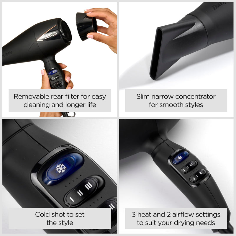 BaByliss Professional 3Q Hair Dryer - Powerful 2200W Blow Dryer, Extra-Fast Air Flow and Ultra-Lightweight, 3 Heat & 2 Speed Settings, Black, 5665U Single