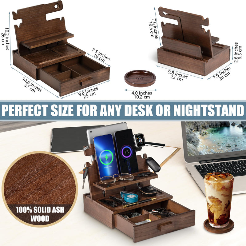 Wood Phone Docking Station for up to 3 Phones - Nightstand Organizer for Men & Women Holds Phones, Tablets, Keys, Rings, Glasses, Watches, EDC & More - with Special Drawer for Valuables Brown Ash Wood