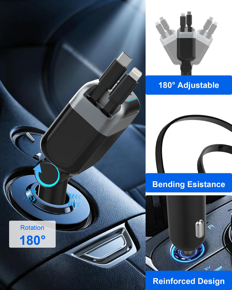 87W Retractable Car Charger, Cigarette Lighter USB Charger for iPhone 17 | 4-in-1 Car Phone Charger USB C Fast Charge Adapter for iPhone 17 16 15 14 13 12, Sumsung Travel Essentials Car Accessories USB C Cable / Lightning Cable