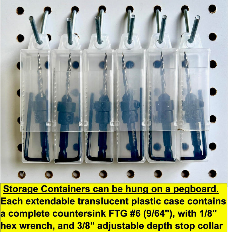 FTG USA 6 Pc #6 (9/64") Countersink Drill Bit Set with Tapered Drill Bits for Wood, Depth Stop Collar, Hex Wrench and Storage Container Same Sort 6 Pc