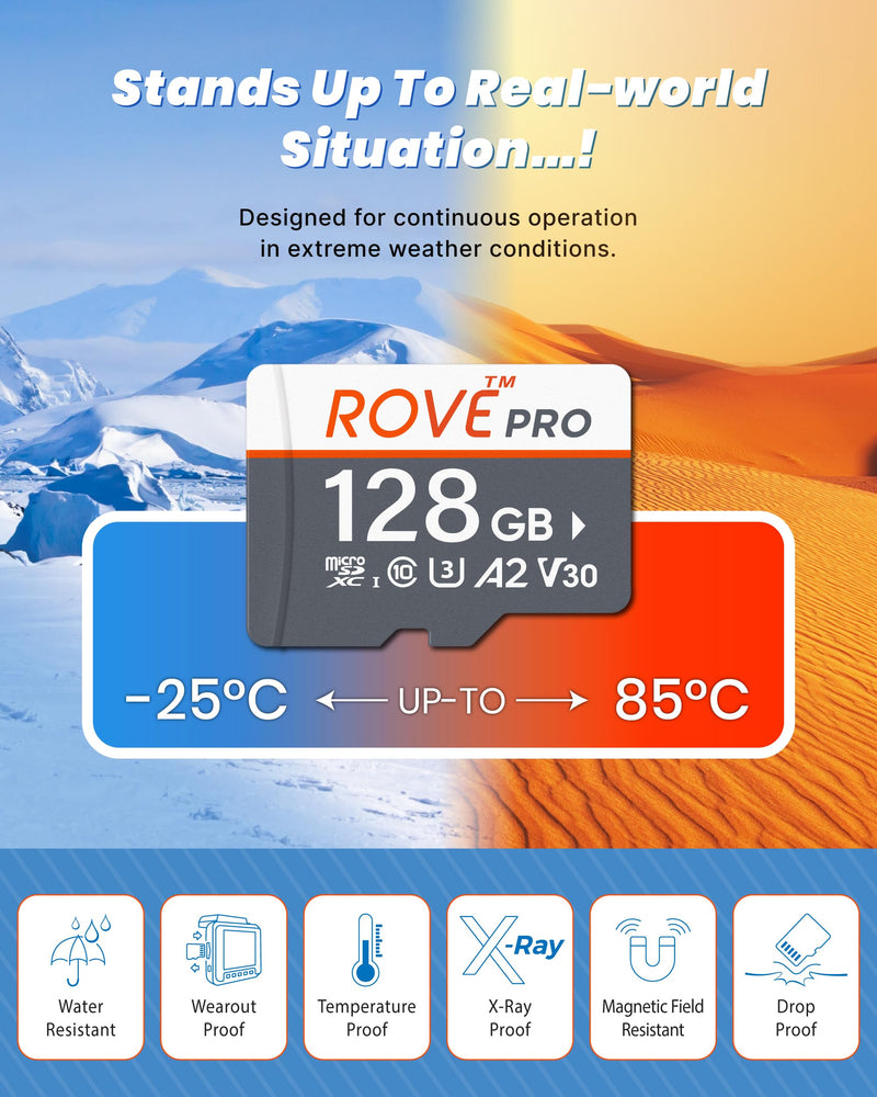 ROVE PRO Micro SD Card microSDXC 128GB Memory Card with Full-Size SD Adapter 100MB/s Read Speed, C10, U3, V30, 4K, A2 for Dash Cam, Android Smart Phones, Tablets, Games