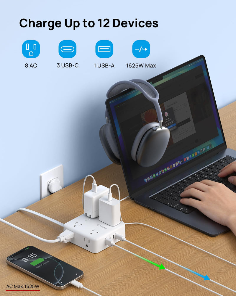 TROND Surge Protector Power Strip, 5ft Flat Plug Extension Cord, White | 8 Outlets & 4 USB Ports(3 USB C), 1625W, 1440J, Wall Mount Outlet Extender for Home Office Dorm Room Essentials