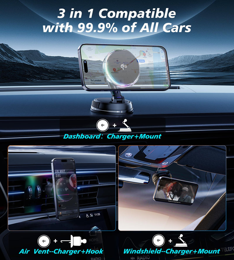 for Qi2 15W MagSafe Car Mount Charger with Cooling Fan, [Rapid Charging Cooler with RGB Lights], 78+LBS Stronger Suction Wireless Magnetic Mount on Vent/ Dash/ Windshield, for iPhone 17 16 15 14 13 12 Black