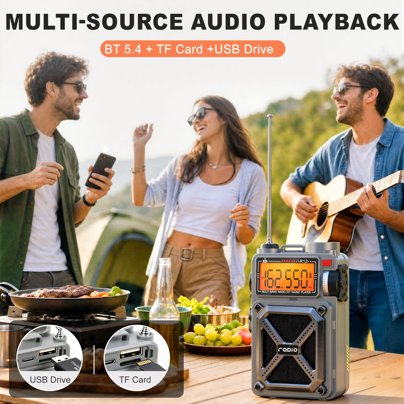 RunningSnail Solar Hand Crank Emergency Radio, NOAA Weather Alert, AM/FM/SW | Digital Tuning,Bluetooth Speaker,TF Playback,Flashlight,Compass,SOS,4000mAh,Thermal Blanket,USB-C Charging,for Emergencies Grey