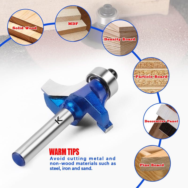 6Pcs Roundover Router Bit 1/4 Shank,Radius in 1/8" 3/16" 1/4" 5/16" 3/8" 1/2",Carbide Tip 2 Flutes Corner Rounding Over Edge Forming Router Bit with Bearing Guide CNC Woodworking Tool 1/8" 3/16" 1/4" 5/16" 3/8" 1/2" Radius 1/4" Shank