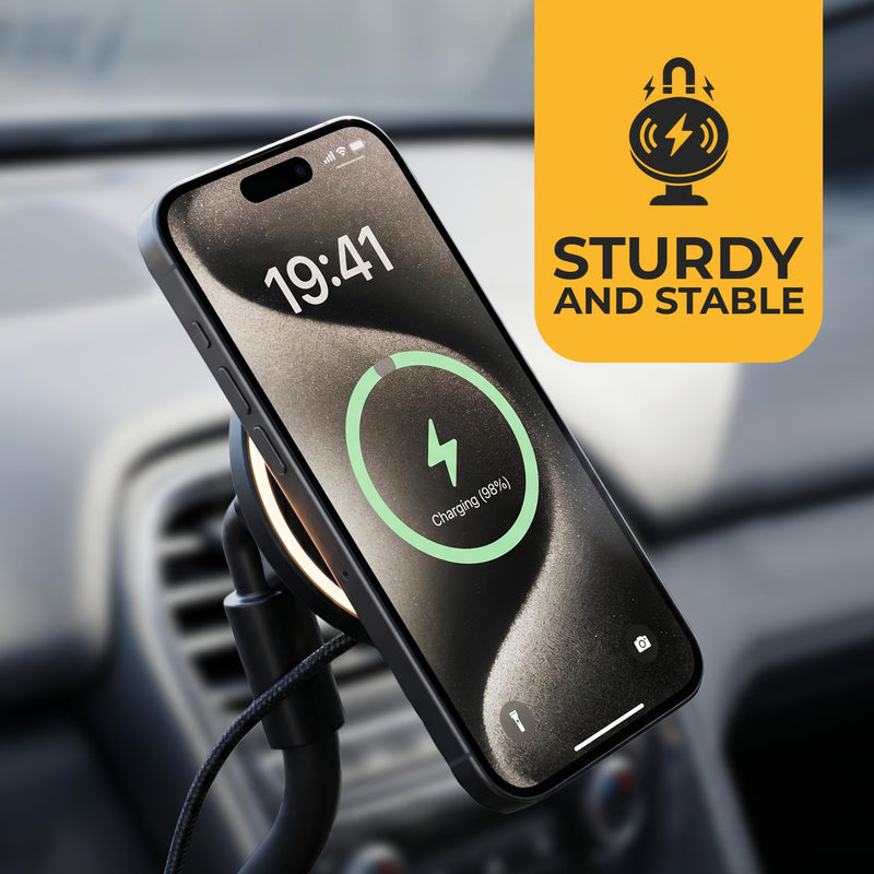 Car Mount Wireless Charger 15W - Magnetic Phone Holder - Zero Space & Secure - Auto Accessories Charger - Compatible with iPhone 17 Pro Max to 12 - Compatible with Android Devices