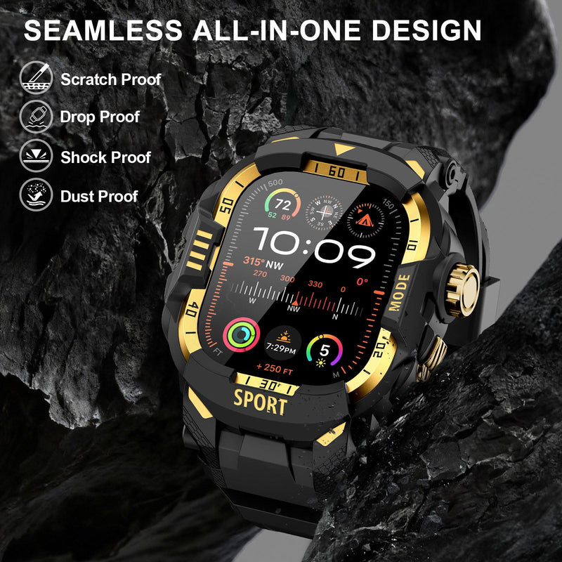 DABAOZA Rugged Case with Band Men Tactical Compatible with Apple Watch 49mm | Screen Protector Military Grade Shockproof Bumper Men Tactical Heavy Duty Strap,for iWatch Ultra 3/2/1,Black Gold 49MM Black/Gold