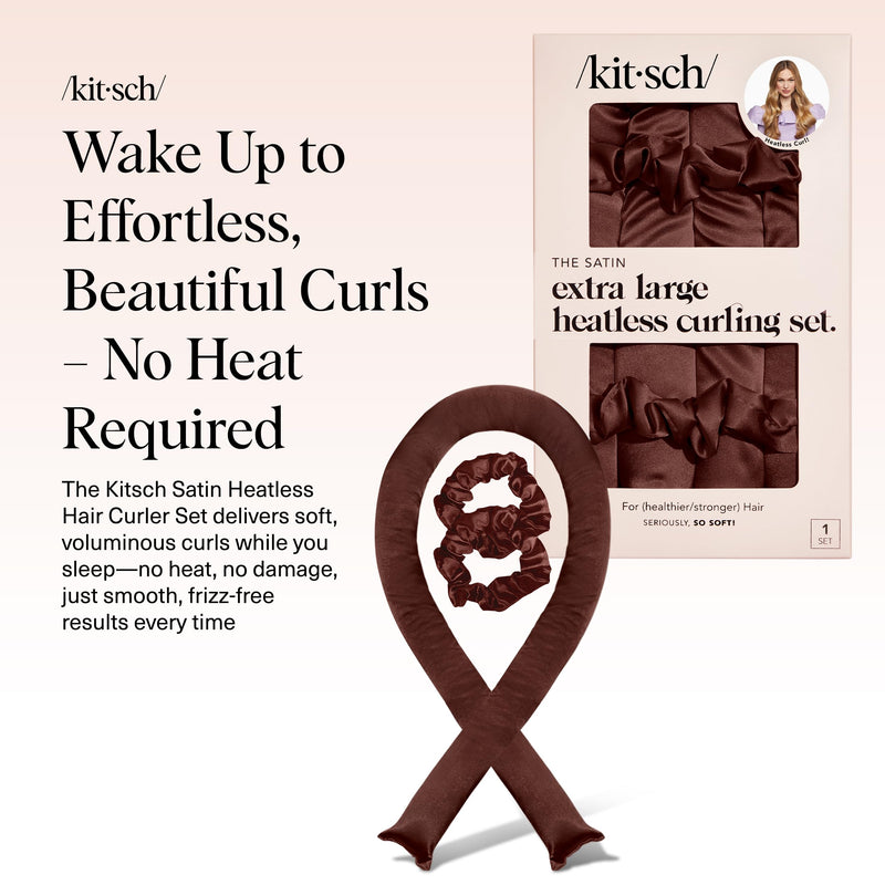 Kitsch XL Satin Heatless Curler Set - Chocolate | Heatless Curls Overnight w/39 " Hair Waver & 2 Satin Scrunchies, Comfortable Hair Curlers to Sleep in for Frizz-Free Hair