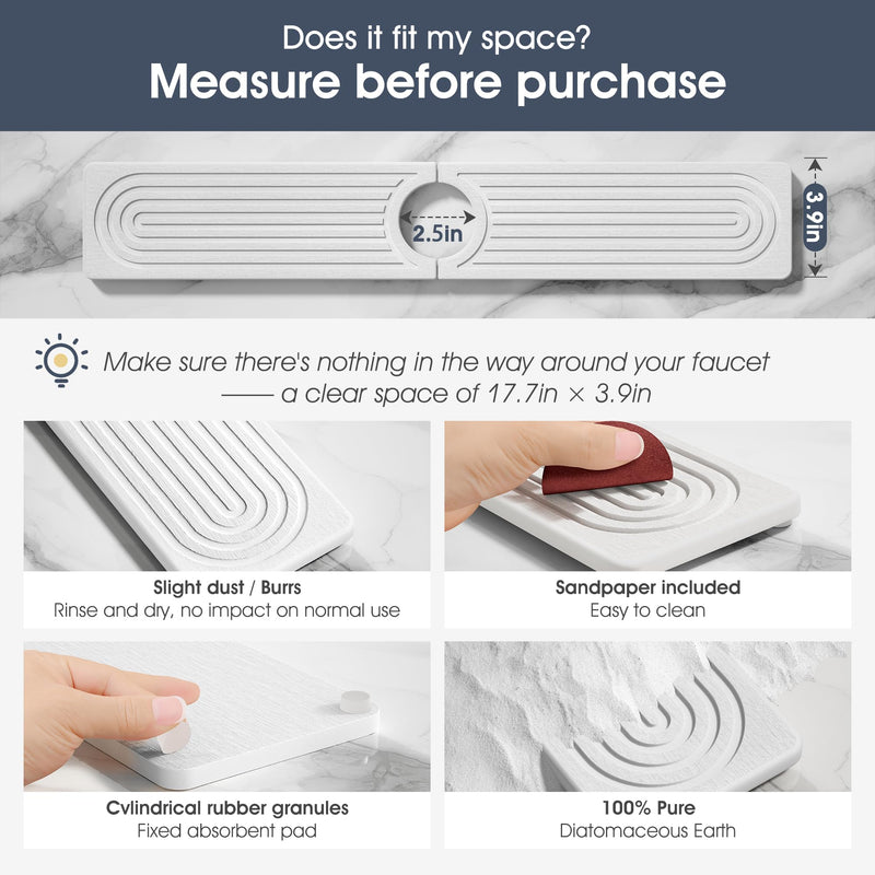 Quick Drying Stone Faucet Mat for Kitchen Sink - Diatomite Sink Mat Absorbing Stone Tray for Bathroom Counter, Sink Faucet Splash Guard Water Protector Matt for Kitchen Counter(White, 17.7" x 3.9") White 17.7" x 3.9"