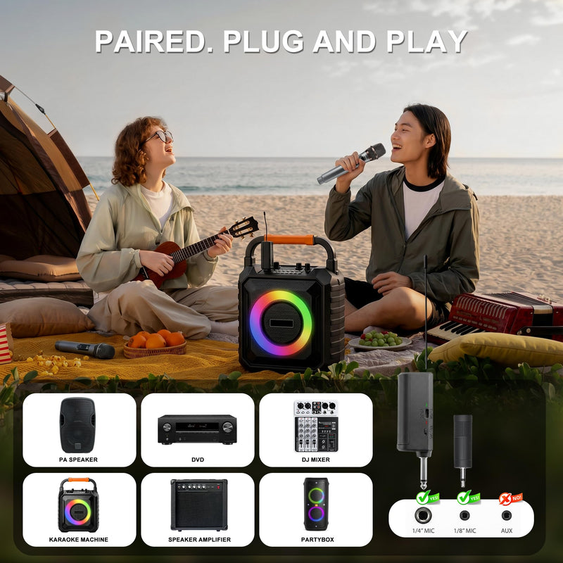 Wireless Microphone, Dual Handheld Dynamic Mics with Rechargeable Receiver, 200ft Range, 12H Duration, Portable Karaokee Microphone for Singing, Speaking & Wedding