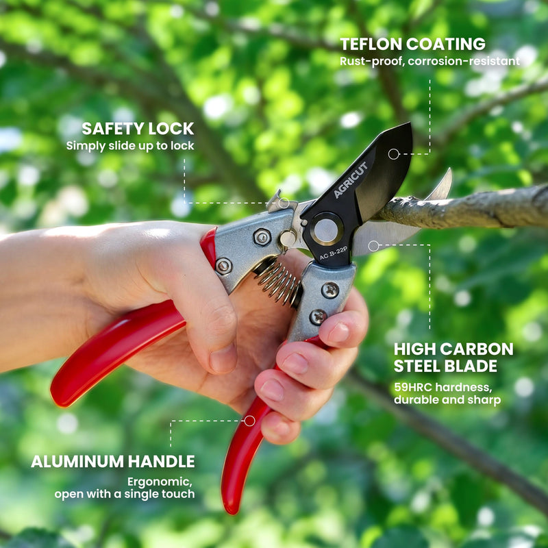 AGRICUT Pruning Shears for Gardening, 7/8-Inch Cut Capacity Hand Clippers, Bypass Pruners, Gardening Scissors with Sharp Steel Blade (Aluminum Handle, High Carbon Steel PRO with Sheath) Aluminum Handle, High Carbon Steel PRO with Sheath