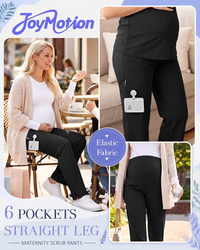 Women's Maternity Scrub Pants 6 Pockets Stretchy Pregnancy Cargo Workwear Straight Leg High Waist Nurse Trousers Black Medium
