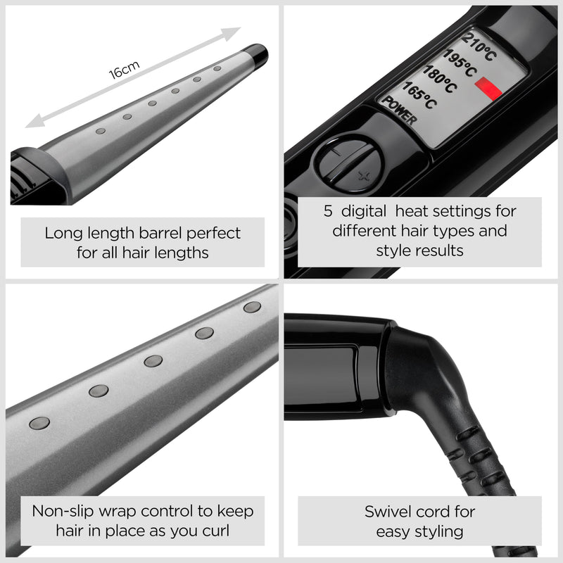 BaByliss Ceramic Curling Wand Pro - 13-25mm Hair Curler for Natural Waves and Curls, Ceramic, 5 Heat Settings 150°C to 210°C, Grey & Black, 2285CU
