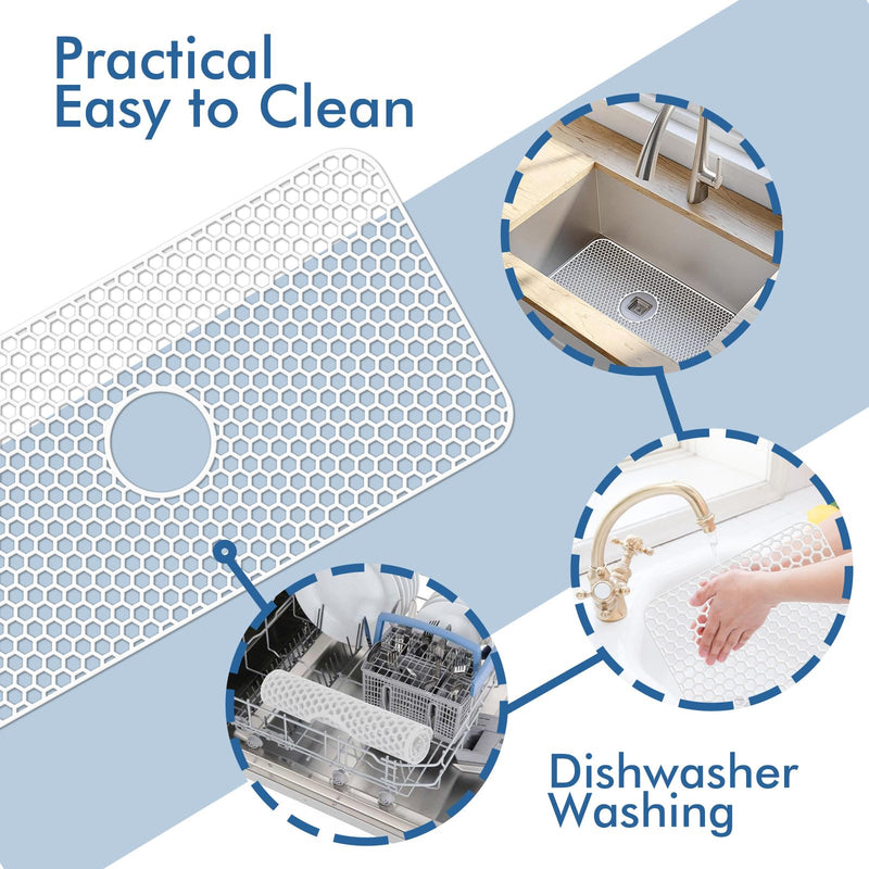 Bestjing Silicone Sink Protectors for Kitchen Sink -12" 13" 16" 18" 24" 26" 28" 30", Non-Slip Heat Resistant Mat for Bottom of Farmhouse Porcelain Stainless Steel (30"x 16" Center Drain, White) 30" x 16" Center Drain White(1 Pack)