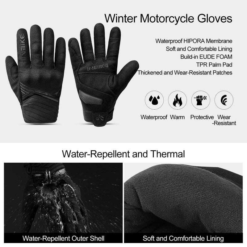 INBIKE Waterproof Winter Motorcycle Gloves Thermal Fleece Touchscreen with TPR Palm Pad Cushioning Hard Knuckle Black Large