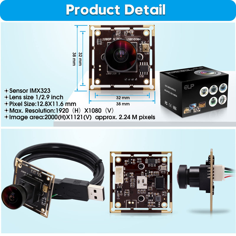 1080P USB Camera Module for Video Conferencing, 2MP IMX323 with 170 Degree Fisheye Lens, H.264 Format and Low Light Performance for Computer, Linux, Android, Jetson Nano