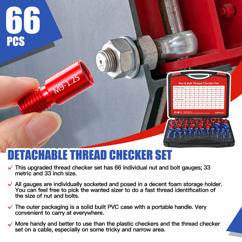 Nut and Bolt Thread Checker - 66 PCS Nut and Bolt Gauges Individually Housed in Case (33 Inch & 33 Metric) Specially Suitable for Size Check on Tricky and Narrow Area 66 Gauges - 33 Inch & 33 Metric
