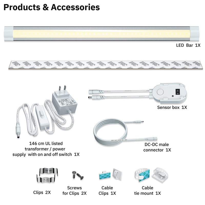Under Cabinet Lighting LED 20In Kitchen Under Counter Light Fixtures Dimmable with Manual Sensor Control,Desk,Over Sink,Tool Box Hutch Light Bar Plug in,3000K Warm White,Sliver White,1pcs