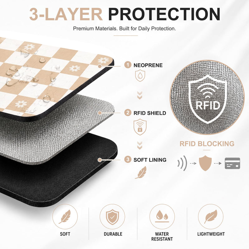 KJQJLY RFID Blocking Neoprene Cell Phone Sleeve (Beige Floral Checkered) | RFID Blocking Neoprene Cell Phone Sleeve Pouch with Crossbody Strap Fits iPhone 17/16/15/14 Pro Max, Samsung S25, Pixel 10 Beige Floral Checkered