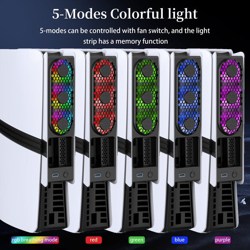 RGB PS5 Slim/Pro Cooling Fan, Auto Power Cooling System for PS5 Pro/Slim, Silent Cooler Fan with 3 Fans/3 Speed/USB 3.0 Port Compatible with PlayStation 5 Slim/Pro Digital and Discs Edition
