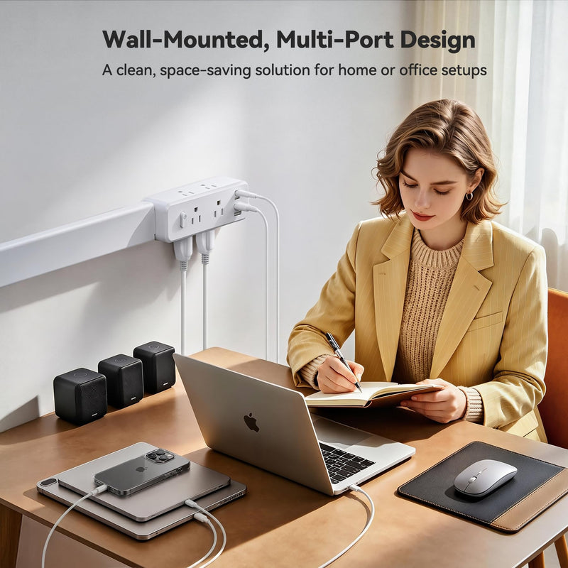 Outlet Extender Stick, 360° Rotating Wall Outlet Expander with 22-35" Extendable Base, 10-in-1 Power Strip Stick with 6 AC Outlets, 4 USB Ports (2 USB-C), Flat Plug for Behind Couch, Home, Office