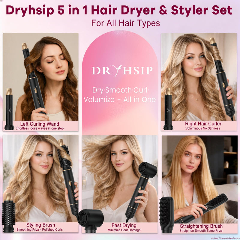 Dryhsip 5 in 1 Hot Air Styler, Multifunctional Hair Dryer Brush, Detachable Styling Tools with Curler, Straightener, Volumizer, Portable Lightweight Hairdryer for All Hair Types (Ink) Ink