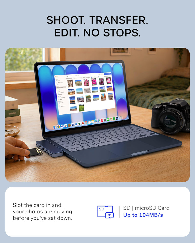 Satechi 6-in-2 USB-C Snap Hub, 4K/60Hz HDMI, for MacBook Neo, Indigo | USB hub, 45W PD pass-through charging, SD & microSD card readers, 5 Gbps Type-A/Type-C data, for MacBook Neo
