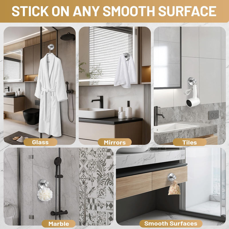 Large Suction Cup Hooks, Heavy Duty 15lb Holds Towel & Robe, No-Drill Shower Bathroom Hooks for Tile Wall Glass Mirror, Mounts on Smooth Non-Porous Surfaces (2 Pack, Brushed Nickel) 2