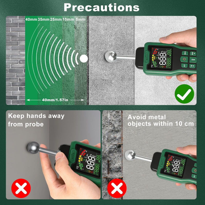 Moisture Meter, SQECH Pinless Moisture Meter with Thermometer, Flashlight, Alarm, Multifunctional Wood Moisture Meter with Color LCD, for Walls, Wood, Masonry, Caravans, Apartments