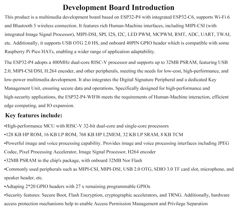 AI ESP32-P4-WIFI6 Development Board with Pre-Soldered Header, Based On ESP32-P4 and ESP32-C6, Supports Wi-Fi 6 and Bluetooth 5 / BLE, Rich Human-Machine Interfaces, Supports AI Speech Interaction