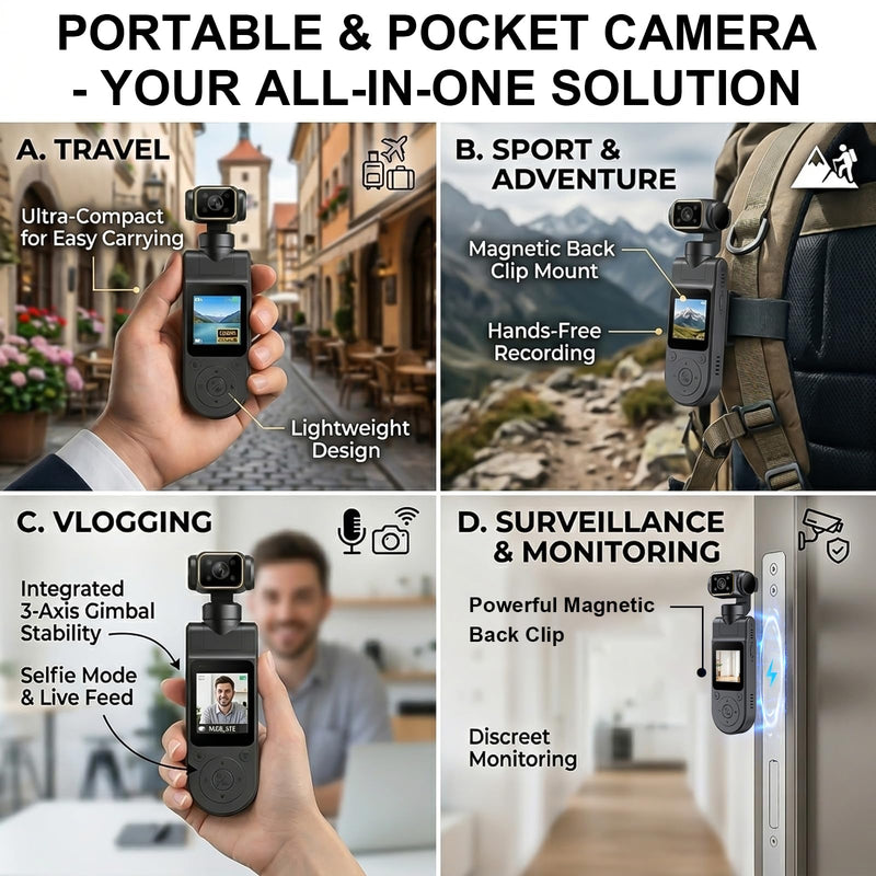 1080P Vlogging Camera, Portable Pocket Action Camera, WiFi Mini Body Cam | Audio and Video Recording, Handheld, Rotatable Lens, Outdoor Sports, Cycling, Travel Vlogging Gimbal Camera