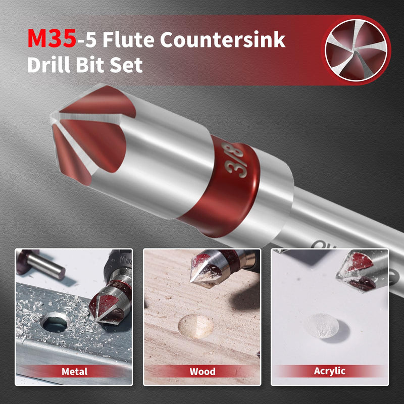 5PCS Cobalt 5-Flute Countersink Drill Bit Set - Heavy-Duty M35 82-Degree Countersink Chamfer Tool Set for Metal,Stainless Steel,Copper,Wood,Fiberboard,Plastic,SAE 3/4”,5/8”,1/2”3/8”,1/4” 5PCS