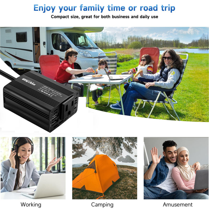 150W Car Power Inverter DC 12V to 110V AC Car Adapter for Plug Outlet with 3.1A Dual USB Car Charger for Laptop Computer-Black Version 1.0