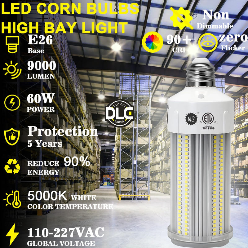 NS LED Corn Light Bulbs 9000 Lumens Super Bright (600W Equivalent), A19 60W E26 5000K Daylight, Energy Saving 90%, Non-Dimmable (1-Set)-for Home Workshop 60w White