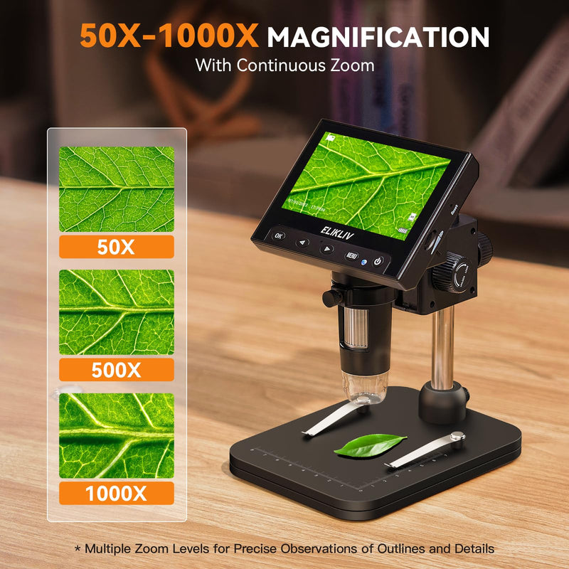 Elikliv Coin Microscope, 4.3'' LCD Digital Microscope 1000x, Coin Magnifier with 8 Adjustable LED Lights, PC View Compatible with Windows/Mac, EDM4B, Black