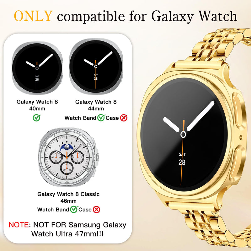 Slim Metal Band +Case for Samsung Galaxy Watch 8/9 Band 40mm with Protective Cover No Screen Film for Women Men, Stainless Steel Thin Replacement Strap for Samsung Watch 8 9 Bands-Gold Gold Galaxy Watch 8/9-40mm