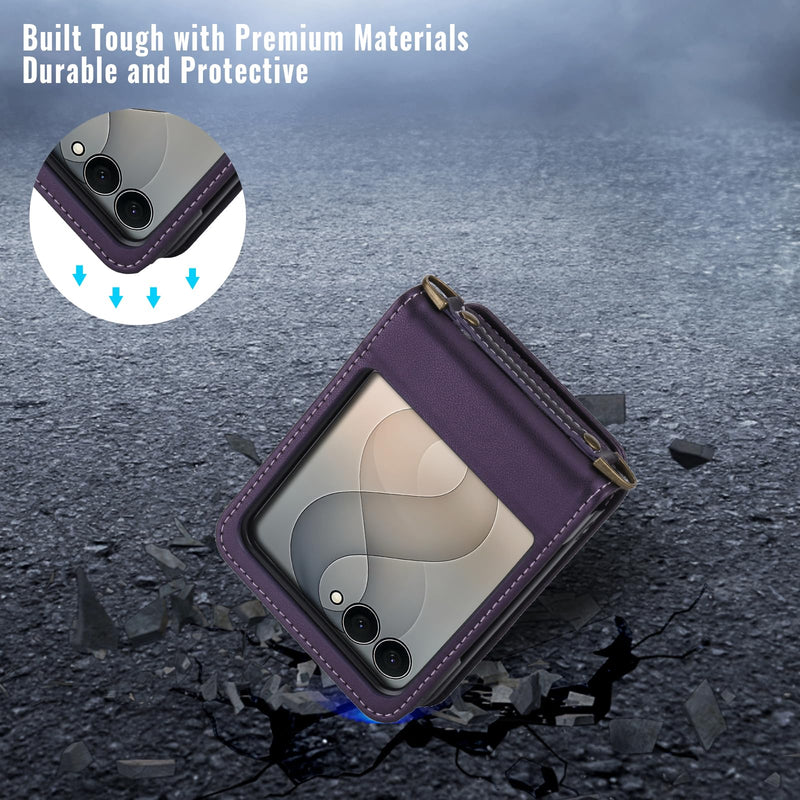 for Samsung Galaxy Z Flip 8 PU Leather Wallet Phone Case with Card Slots (Holds 5 Cards), Anti-Drop Protection, Wrist & Shoulder Strap Purple Galaxy Z Flip 8 5G