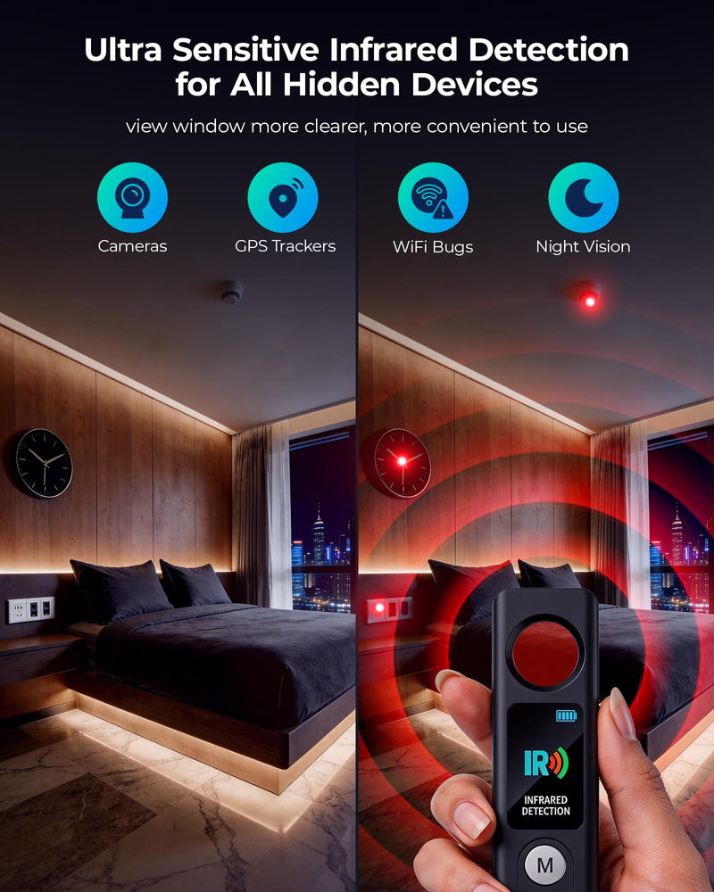 Hidden Camera Detectors, Anti-Spy Camera Finder with LED Screen Rechargeable GPS Tracker&Bug Detector, Anti-Theft Alarm, 7 Modes Portable Privacy Protection for Airbnb, Hotel, Car, Office Small