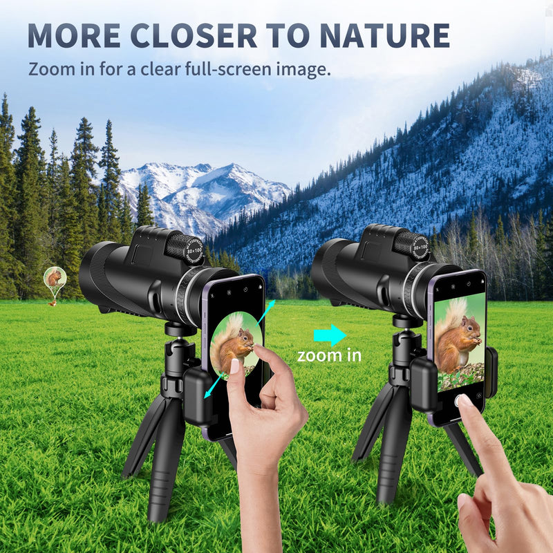 80x100 HD Monocular Telescope, Monoculars for Adults High Powered with Smartphone Adapter & Tripod, Portable Monocular for Hunting Hiking Star Bird Watching 80x100