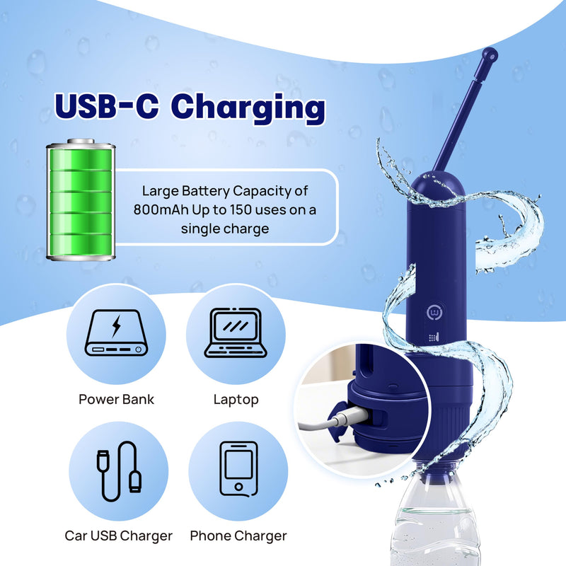 Portable Bidet for Travel with 180ml Bottle and Universal Adapter, 800mAh Battery for Upto 150 Uses on Full Charge with USB-C Cable, IPX7 Leakproof, 3 Pressure Modes Electric Travel Bidet